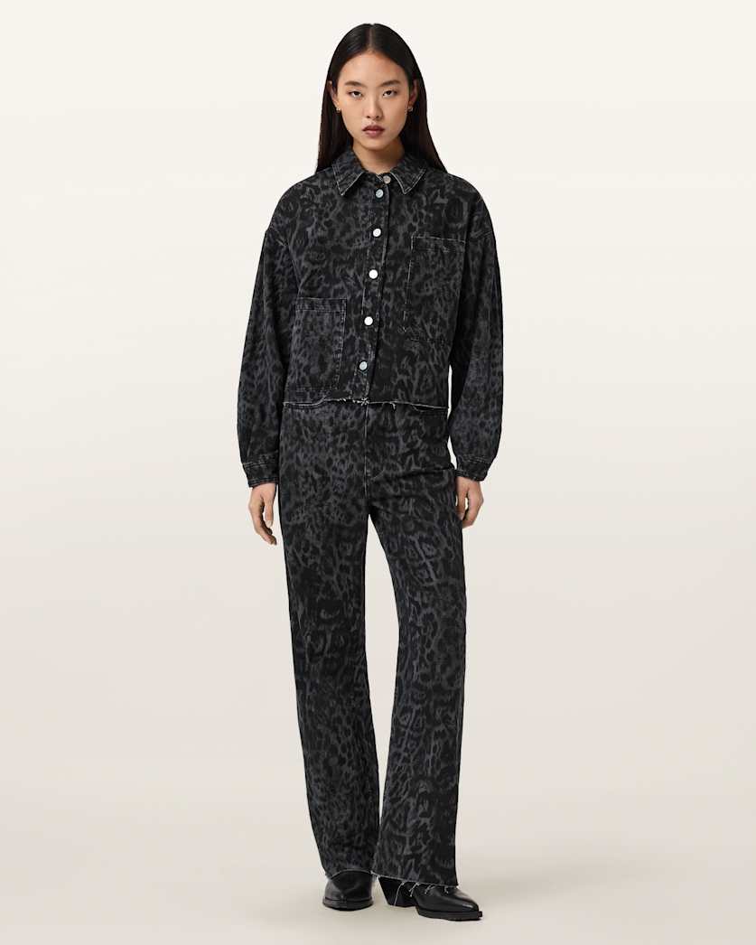 AllSaints Blake Wide Leg Leopard Print Jeans Women's Leppo Black Women's