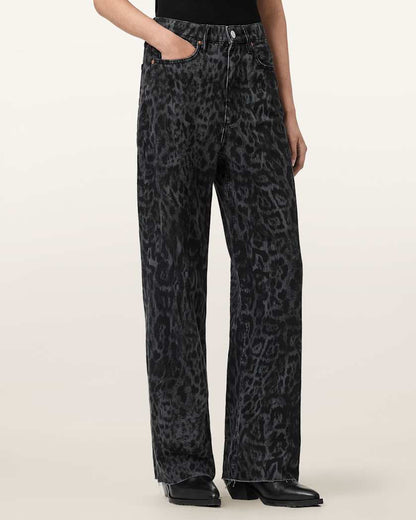 AllSaints Blake Wide Leg Leopard Print Jeans Women's Leppo Black Women's