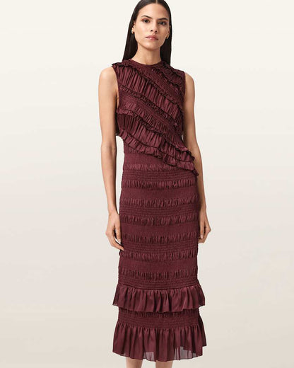 AllSaints Nyla Ruffled Midi Dress Women's Tawny Port Red Women's