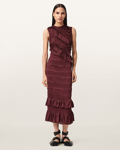 AllSaints Nyla Ruffled Midi Dress Women's Tawny Port Red Women's