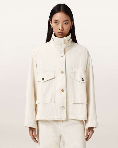 AllSaints Clay Denim Cropped Jacket Women's Ecru White Women's
