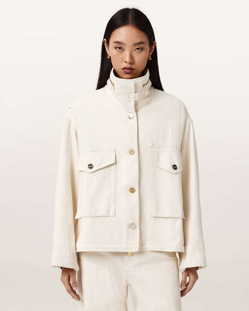AllSaints Clay Denim Cropped Jacket Women's Ecru White Women's