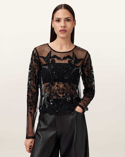 AllSaints Greta Embellished Tulle Top Women's Black Women's