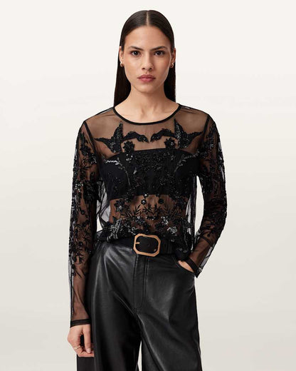 AllSaints Greta Embellished Tulle Top Women's Black Women's