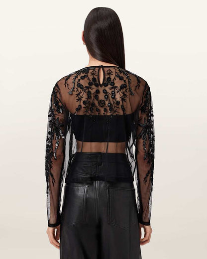 AllSaints Greta Embellished Tulle Top Women's Black Women's