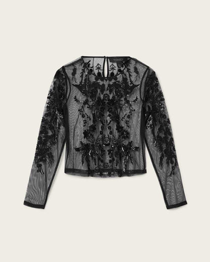 AllSaints Greta Embellished Tulle Top Women's Black Women's
