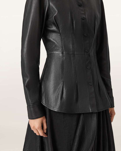 AllSaints Larson Leather Pleated Shirt Women's Black Women's