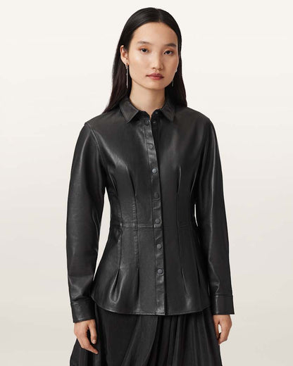 AllSaints Larson Leather Pleated Shirt Women's Black Women's
