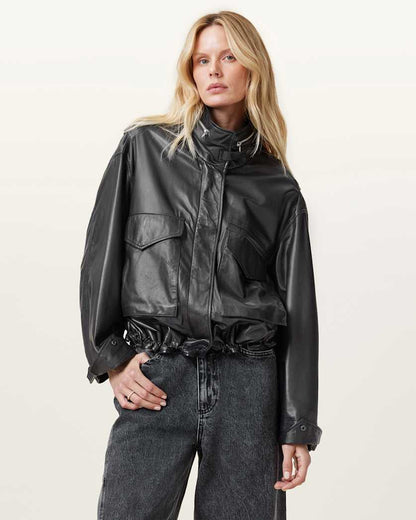 AllSaints Clay Funnel Neck Cropped Leather Jacket Women's Black Women's