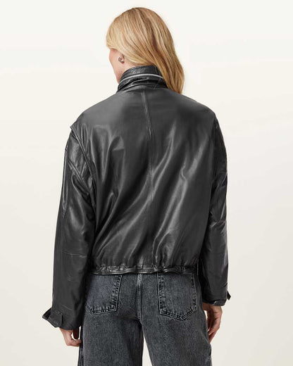 AllSaints Clay Funnel Neck Cropped Leather Jacket Women's Black Women's
