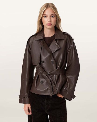 AllSaints Reed Cropped Leather Trench Women's Bitter Brown Women's