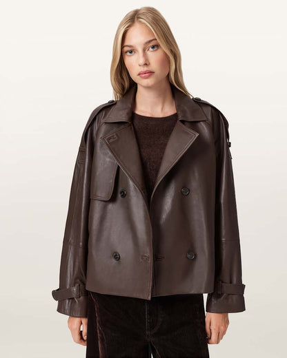 AllSaints Reed Cropped Leather Trench Women's Bitter Brown Women's