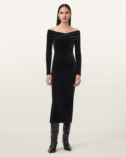 AllSaints Delta Velvet Midi Dress Women's Black Women's