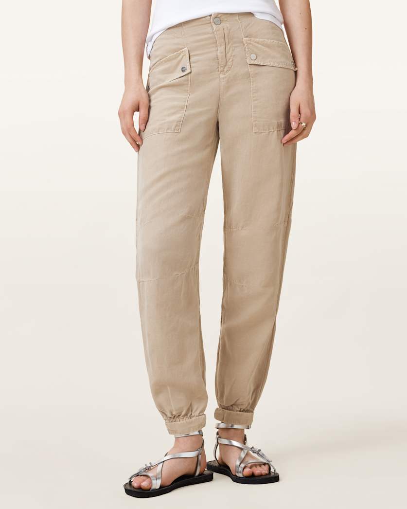 AllSaints Val High Rise Cargo Linen Blend Pants Women's Sand Brown Women's