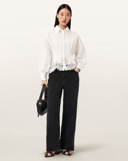 AllSaints Carol Long Sleeve Lace Trimmed Shirt Women's White Women's
