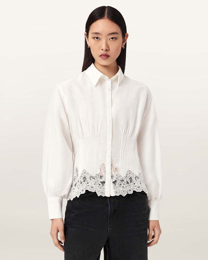 AllSaints Carol Long Sleeve Lace Trimmed Shirt Women's White Women's