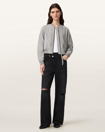 AllSaints Orten Suede Bomber Jacket Women's Light Grey Women's