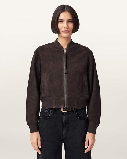 AllSaints Orten Suede Bomber Jacket Women's Light Grey Women's