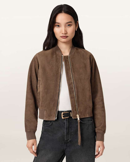 AllSaints Orten Suede Bomber Jacket Women's Light Grey Women's