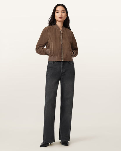 AllSaints Orten Suede Bomber Jacket Women's Light Grey Women's