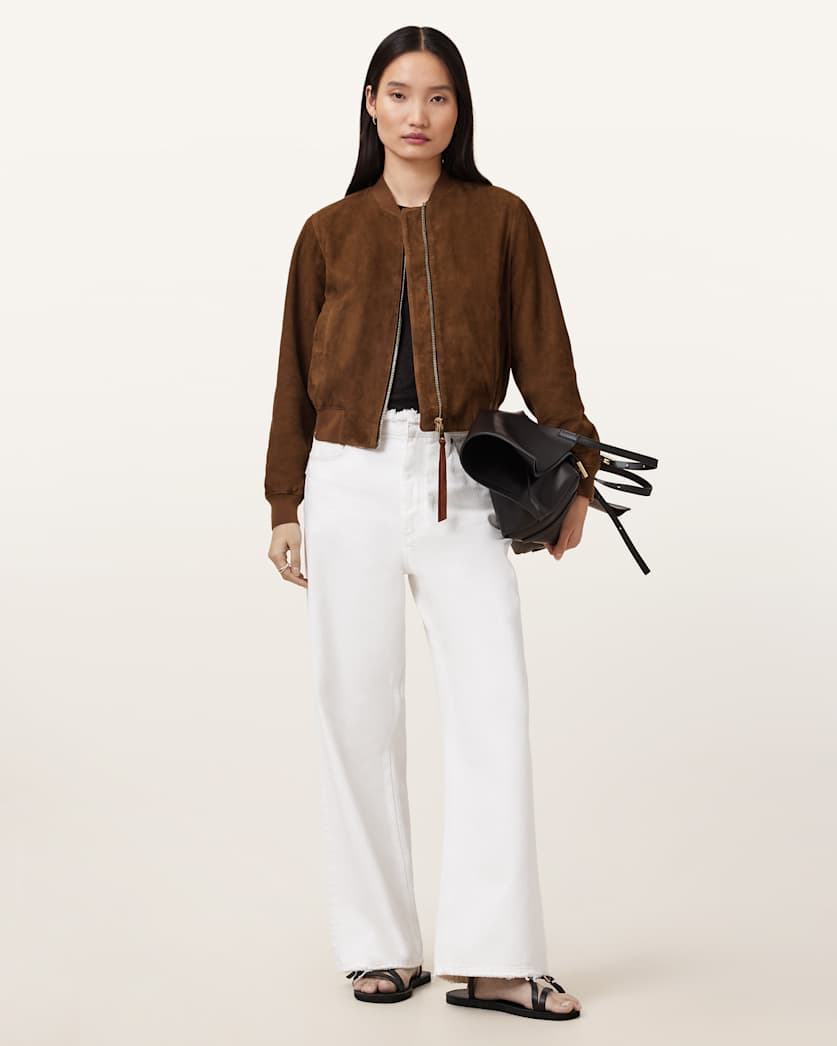 AllSaints Orten Suede Bomber Jacket Women's Light Grey Women's