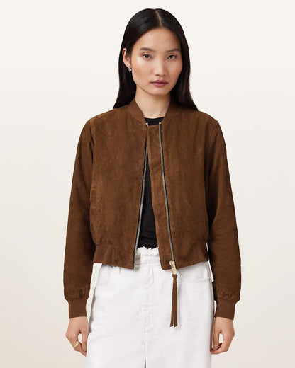 AllSaints Orten Suede Bomber Jacket Women's Light Grey Women's