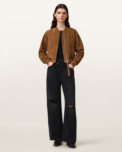 AllSaints Orten Suede Bomber Jacket Women's Light Grey Women's
