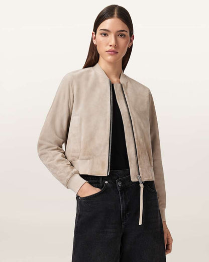 AllSaints Orten Suede Bomber Jacket Women's Light Grey Women's