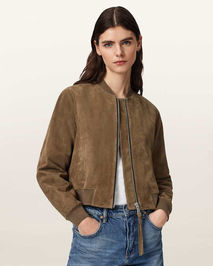 AllSaints Orten Suede Bomber Jacket Women's Light Grey Women's