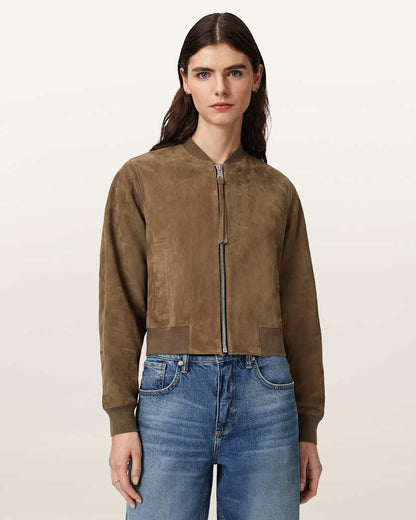 AllSaints Orten Suede Bomber Jacket Women's Light Grey Women's