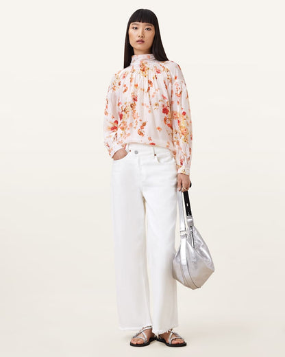 AllSaints Pearla High Neck Floral Print Top Women's Armada White Women's