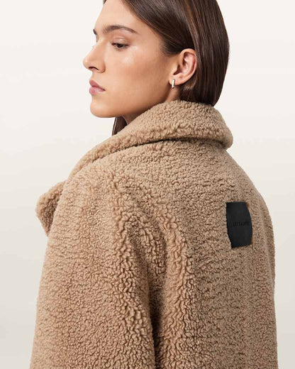 AllSaints Eddie Faux Teddy Jacket Women's Cognac Brown Women's
