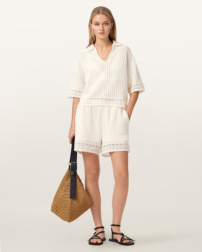 AllSaints Elma Mid Rise Crochet Cotton Shorts Women's Mallow White Women's
