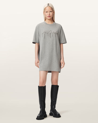 AllSaints Chains Embellished T Shirt Mini Dress Women's Grey Melange Women's
