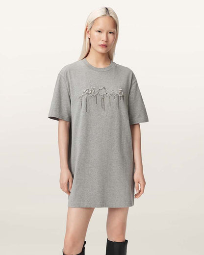 AllSaints Chains Embellished T Shirt Mini Dress Women's Grey Melange Women's