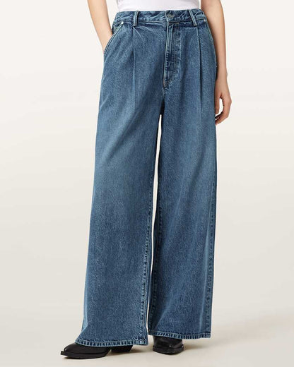 AllSaints Haze Wide Leg Pleated Jeans Women's Mid Indigo Women's