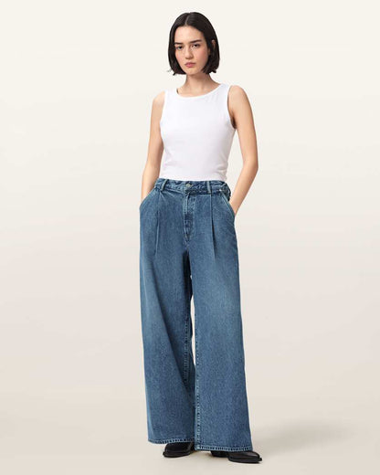 AllSaints Haze Wide Leg Pleated Jeans Women's Mid Indigo Women's