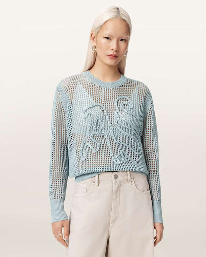 AllSaints Raelyn Relaxed Fit Open Stitch Sweater Women's Quarry Blue Women's