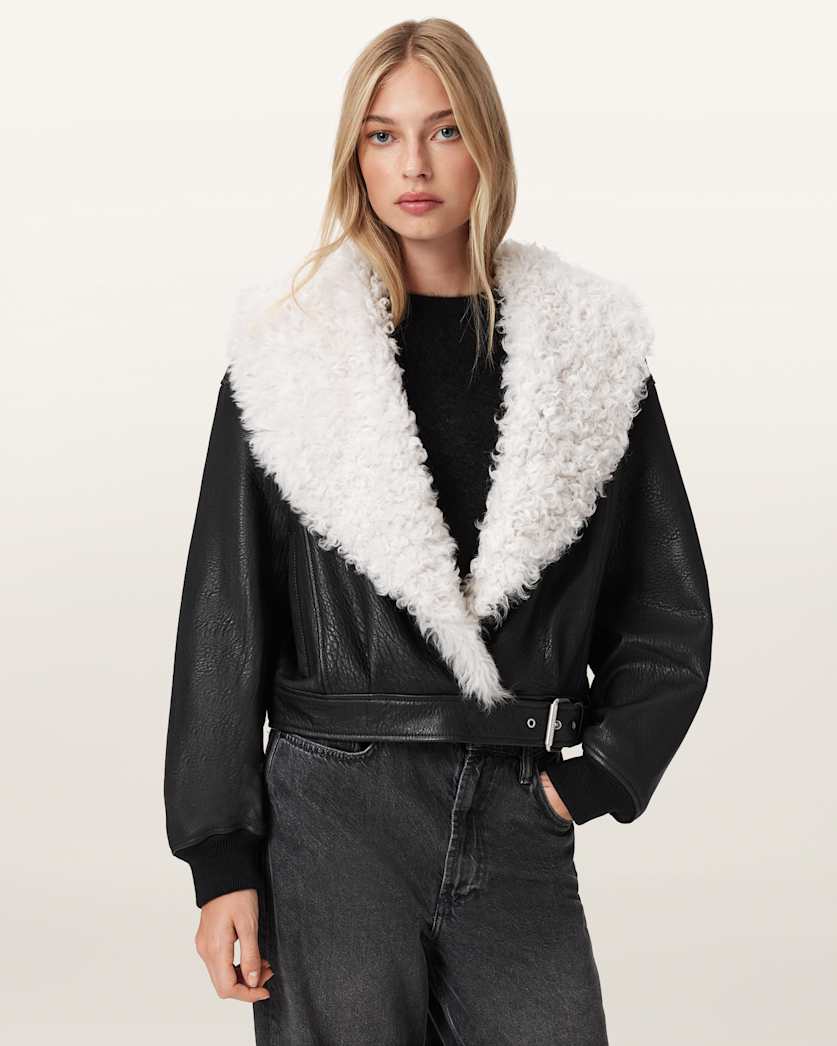 AllSaints Libra Shearling Jacket Women's Black/Off White Women's