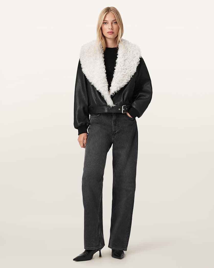 AllSaints Libra Shearling Jacket Women's Black/Off White Women's