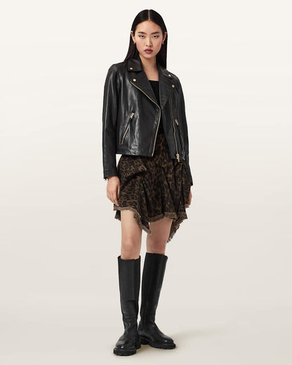 AllSaints Crissy Leopard Print Denim Mini Skirt Women's Leppo Brown Women's