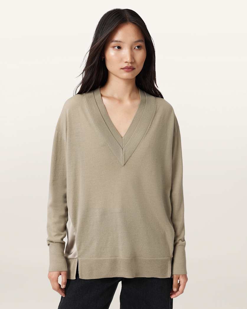 AllSaints Bern V Neck Wool Sweater Women's Taupe Grey Women's