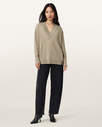 AllSaints Bern V Neck Wool Sweater Women's Taupe Grey Women's
