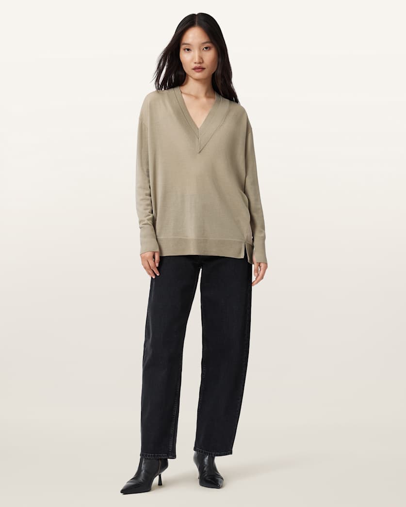 AllSaints Bern V Neck Wool Sweater Women's Taupe Grey Women's