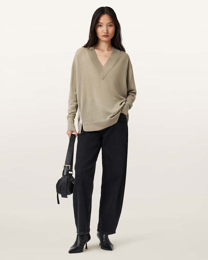 AllSaints Bern V Neck Wool Sweater Women's Taupe Grey Women's