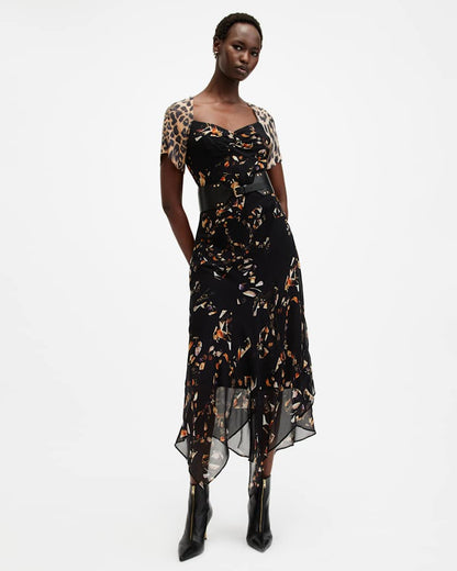AllSaints Leah Floral Print Midi Dress Women's Kateri Black Women's