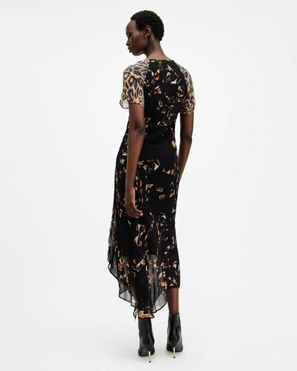 AllSaints Leah Floral Print Midi Dress Women's Kateri Black Women's