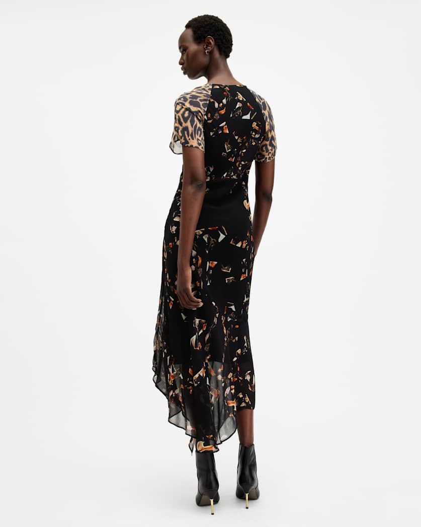 AllSaints Leah Floral Print Midi Dress Women's Kateri Black Women's