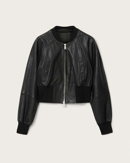 AllSaints Suri Cropped Leather Bomber Jacket Women's Black Women's