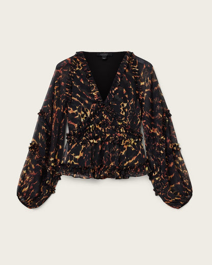 AllSaints Silvie Ruffled Top Women's Pardus Flame Brown Women's